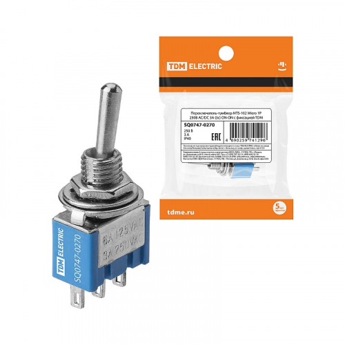 Переключатель-тумблер MTS-102 Micro 1P 250В AC/DC 3А (3c) ON-ON с фиксацией TDM, цена за 1 шт