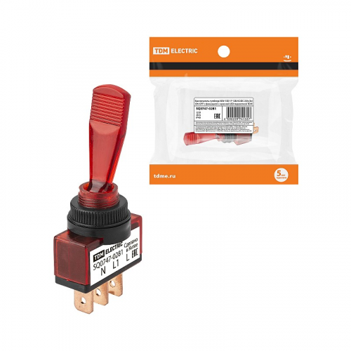Выключатель-тумблер ASW-13D 1P 12В AC/DC 20А (3c) ON-OFF с фиксацией с красной LED подсветкой TDM, цена за 1 шт