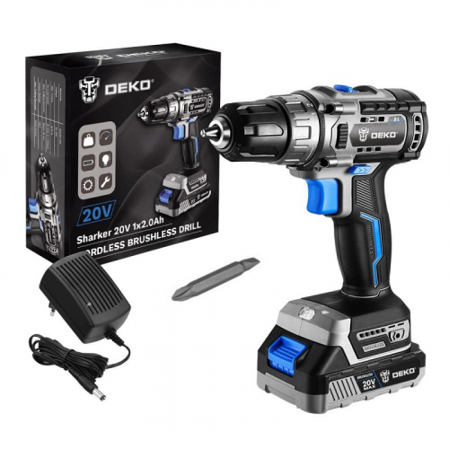 Дрель-шуруповерт аккумуляторная бесщеточная DEKO Sharker 20V, 20В, 1*3.0Ач, цена за 1 шт