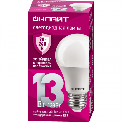 Светодиодная лампа груша ОНЛАЙТ 90 401 OLL-A60-13-230-4K-E27 (PRO 90-240 В), цена за 1 м