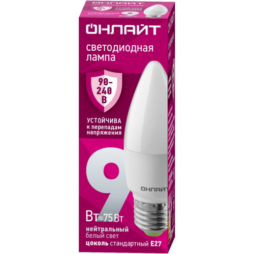 Светодиодная лампа свеча ОНЛАЙТ 90 413 OLL-C37-9-230-4K-E27-FR (PRO 90-240 В), цена за 1 м