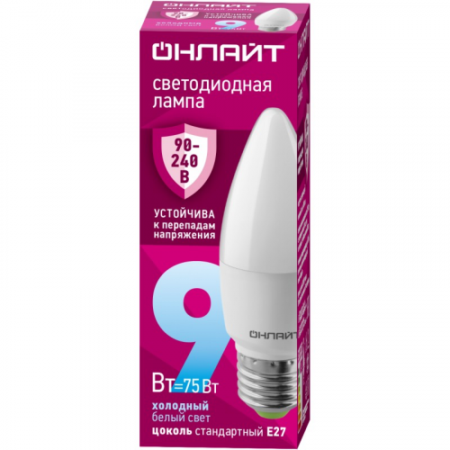 Светодиодная лампа свеча ОНЛАЙТ 90 414 OLL-C37-9-230-6.5K-E27-FR (PRO 90-240 В), цена за 1 м