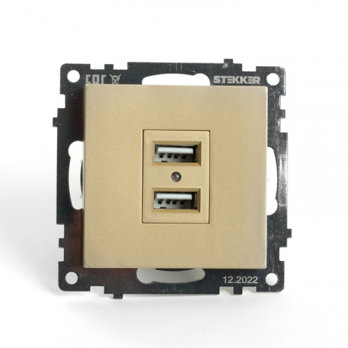 Розетка 2-местная USB (механизм), 250В, 2,1А, серия Катрин, золото, GLS10-7115-08, цена за 1 шт
