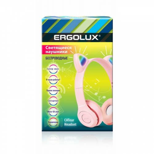 ERGOLUX ELX-BTHP02-C14 (Наушники накладные беспроводные, Ушки, FM, MP3, микрофон, Розовые, Коробка), цена за 1 шт