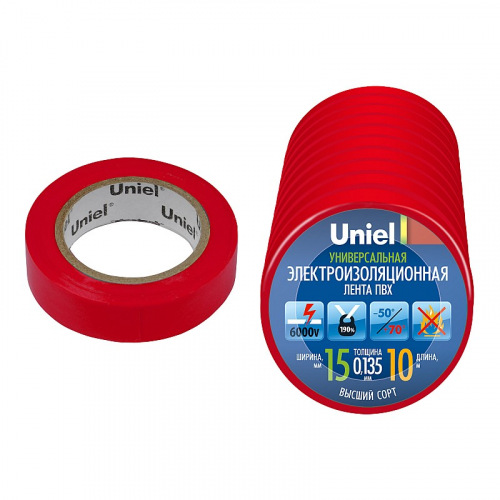 Изоляционная лента Uniel UIT-135P 10/15/10 RED 10 м, 15 мм, 0,135 мм, 10 шт, цвет Красный, цена за 1 шт