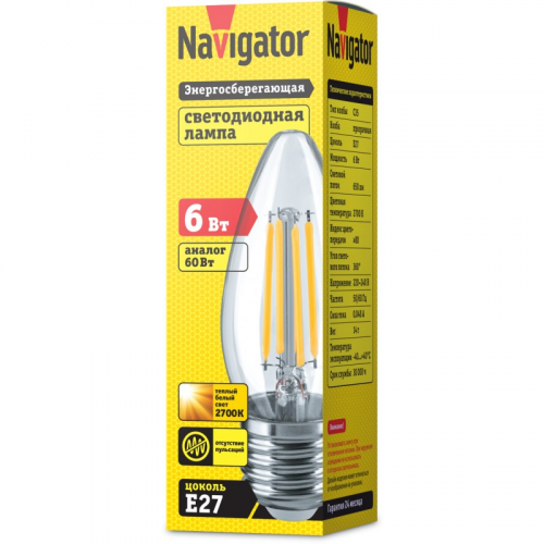 Светодиодная лампа свеча Navigator 14 007 NLL-F-C35-6-230-2.7K-E27, цена за 1 шт