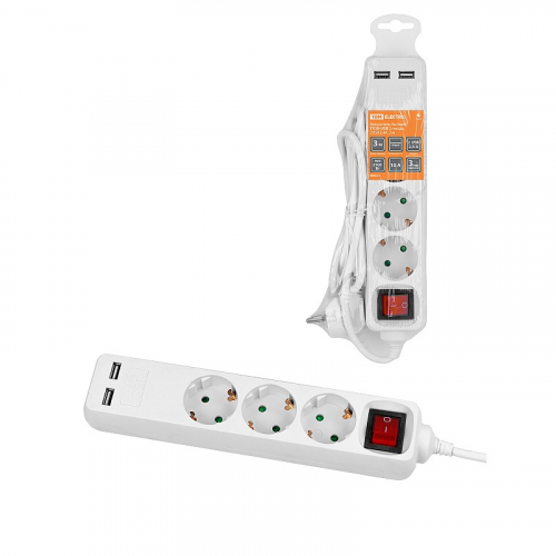 Удлинитель бытовой У03В-USB 3 гнезда, 2USB 2,4А, 3 м, вык., з/к, ПВС 3х0,75мм2 10А/250В белый TDM, цена за 1 шт