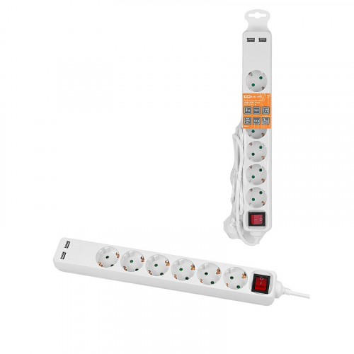 Удлинитель бытовой У06В-USB 6 гнезд, 2USB 2,4А, 3 м, вык., з/к, ПВС 3х0,75мм2 10А/250В белый TDM, цена за 1 шт