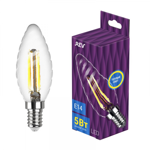 32430 0 Лампа filament, свеча витая, TC37, теплый свет, 5Вт, E14, 2700K, 515Лм, 32430 0, REV, цена за 1 шт