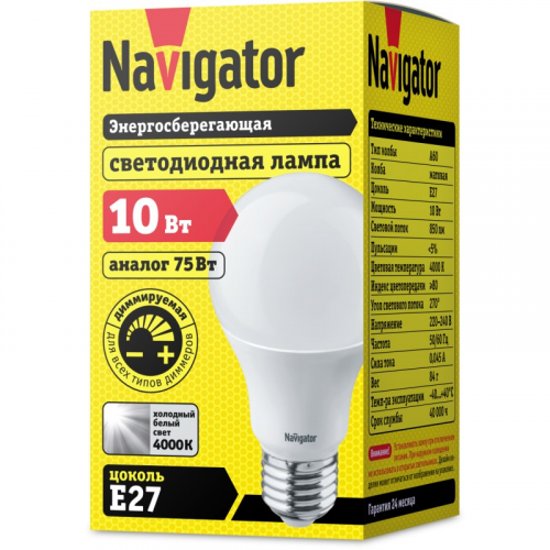 Диммируемая светодиодная лампа Navigator 14 123 NLL-A60-10-230-4K-E27-DIMM, цена за 1 шт