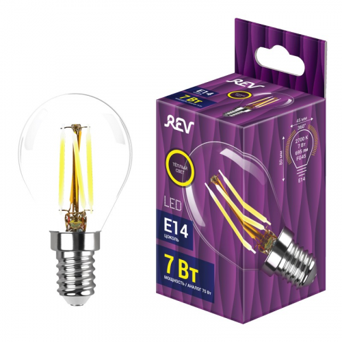 32482 9 Лампа filament, шар, G45, теплый свет, 7Вт, E14, 2700K, 695Лм, 32482 9, REV, цена за 1 шт