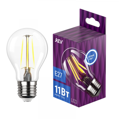32478 2 Лампа filament, груша, А60, 11Вт, E27, 4000K, 1075Лм, 32478 2, REV, цена за 1 шт