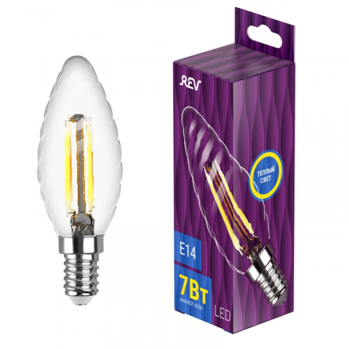 32431 7 Лампа filament, свеча витая, TC37, теплый свет, 7Вт, E14, 2700K, 695Лм, 32431 7, REV, цена за 1 шт