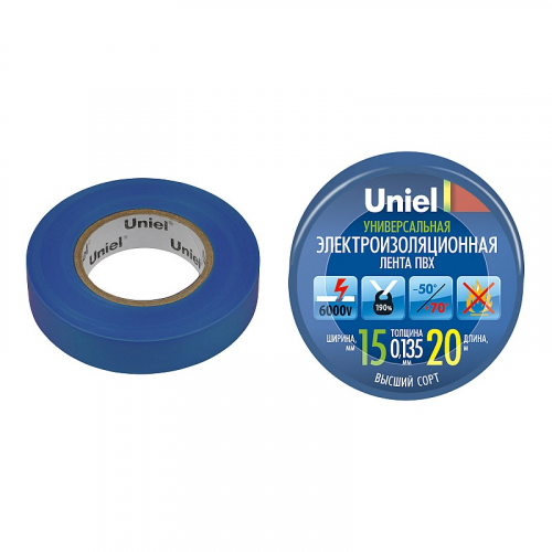 Изоляционная лента Uniel UIT-135P 20/15/01 BLU 20м, 15мм, 0,135мм, 1шт, цвет Синий, цена за 1 шт