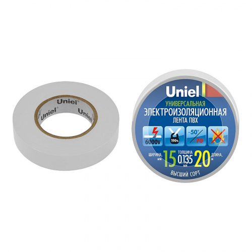 Изоляционная лента Uniel UIT-135P 20/15/01 WHT 20м, 15мм, 0,135мм, 1шт, цвет Белый, цена за 1 шт