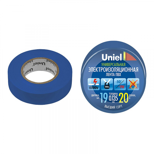 Изоляционная лента Uniel UIT-135P 20/19/01 BLU 20м, 19мм, 0,135мм, 1шт, цвет Синий, цена за 1 шт