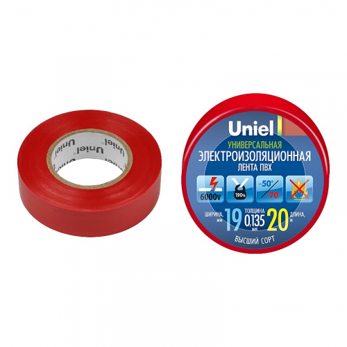 Изоляционная лента Uniel UIT-135P 20/19/01 RED 20м, 19мм, 0,135мм, 1шт, цвет Красный, цена за 1 шт