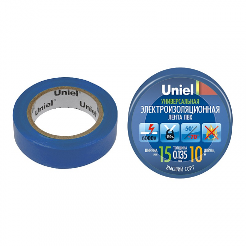 Изоляционная лента Uniel UIT-135P 10/15/01 BLU 10м, 15мм, 0,135мм, 1шт, цвет Синий, цена за 1 шт