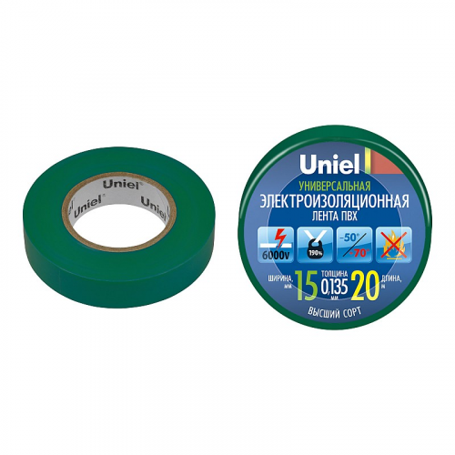 Изоляционная лента Uniel UIT-135P 20/15/01 GRN 20м, 59мм, 0,135мм, 1шт, цвет Зеленый, цена за 1 шт