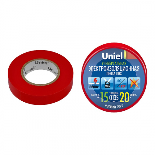 Изоляционная лента Uniel UIT-135P 20/15/01 RED 20м, 15мм, 0,135мм, 1шт, цвет Красный, цена за 1 шт