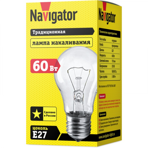 Лампа накаливания Е27 Navigator 94 300 NI-A-60-230-E27-CL, цена за 1 шт