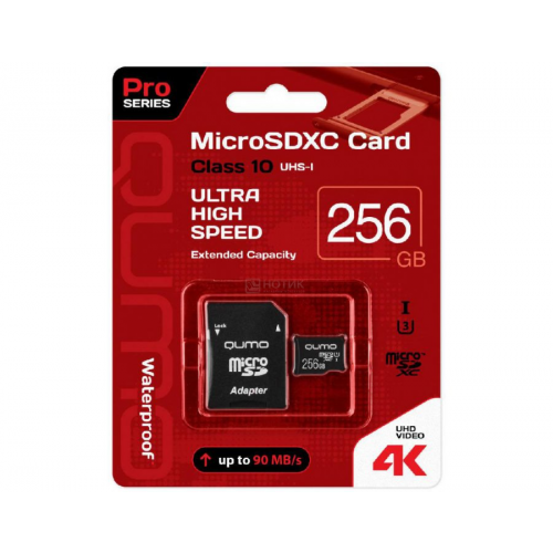 Карта памяти Qumo microSDXC 256GB Pro series microSDXC Class 10 UHS-I, U3 + SD адаптер, Черный QM256GMICSDXC10U3