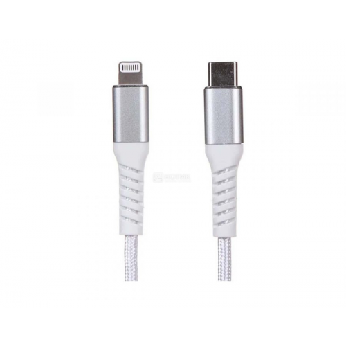 Кабель QUMO, MFI С91, USB Type-C - Lightning, 2A, 18 Вт, 1м, Нейлон, Белый/Серебристый 24508