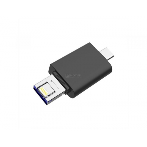 Флешка DM APD005 3 in 1, 64Gb, (USB 2.0, Lightning, USB Type-C), Черный APD005-3 in 1 64Gb