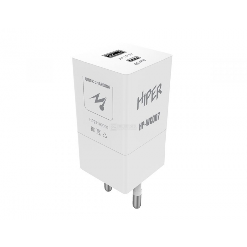 Сетевое зарядное устройство HIPER HP-WC007, до 20Вт, USB, USB Type-C, Белый HP-WC007