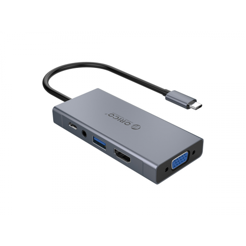 USB-хаб ORICO MC-U501P-GY, Type-C (USB 3.0, USB Type-C, HDMI, VGA, Mini jack), до 60Вт, Серый Док-станция ORICO-MC-U501P-GY