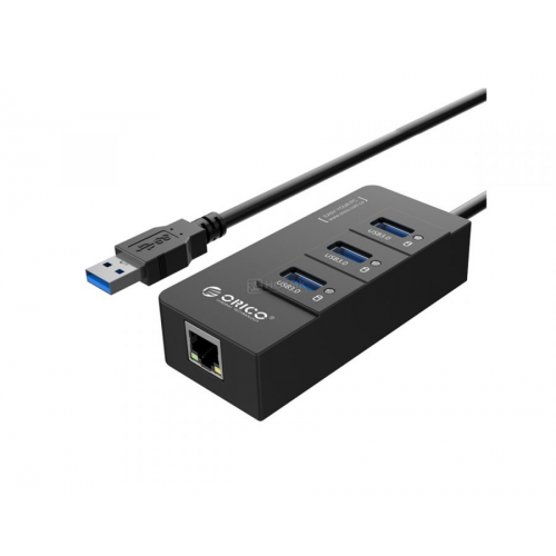 Сетевой адаптер USB-хаб ORICO HR01-U3-BK, USB 3.0 на 3xUSB 3.0, RJ-45 (1Gb), Черный ORICO-HR01-U3-BK