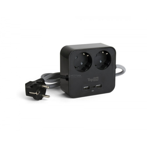 Сетевой фильтр TopON TOP-PWS2, 2 розетки, 2 USB, Type-C, PD 15W QC, 4000W, 1.5 м, Черный TOP-PWS2B Черный