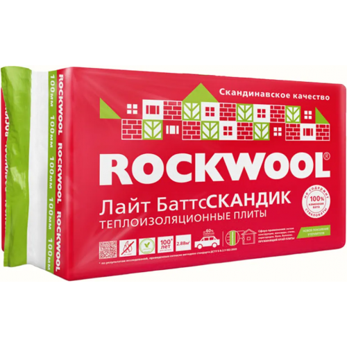 Легкая гидрофобизированная теплоизоляционная плита Rockwool Лайт Баттс Скандик 0.6*0.8 м/100 мм