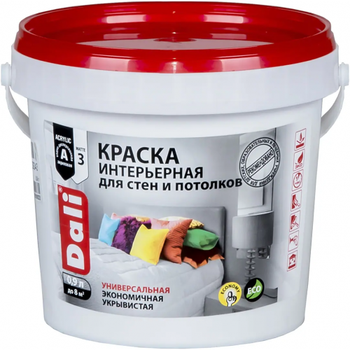 Акриловая водно дисперсионная краска для стен и потолков Dali Интерьерная 900 мл белая