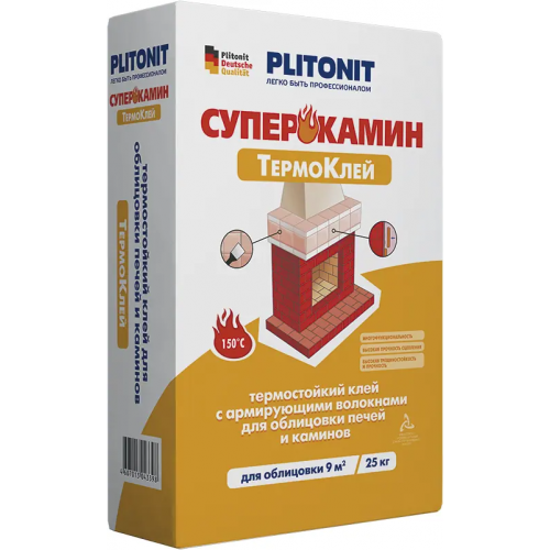Термостойкий клей с армирующими волокнами Плитонит Суперкамин Термоклей 25 кг