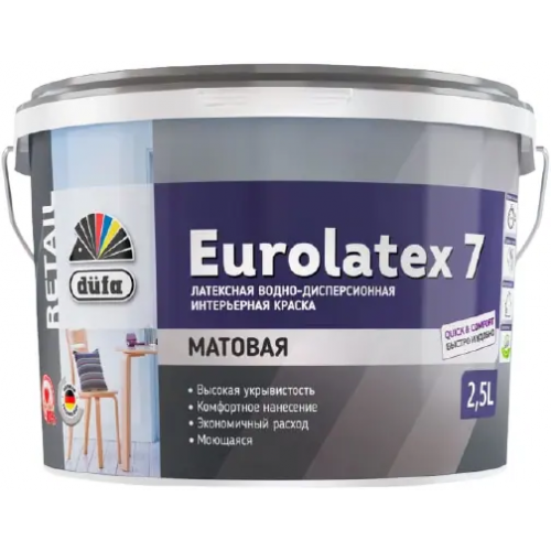 Матовая латексная краска водно дисперсионная Dufa Retail Eurolatex 7 2.5 л белая