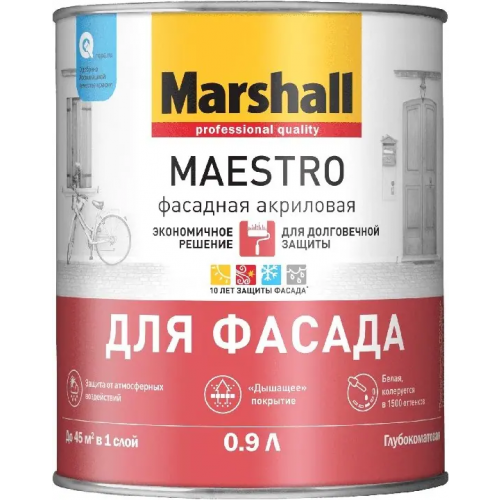 Фасадная акриловая краска для долговечной защиты Marshall Maestro для Фасада 900 мл бесцветная