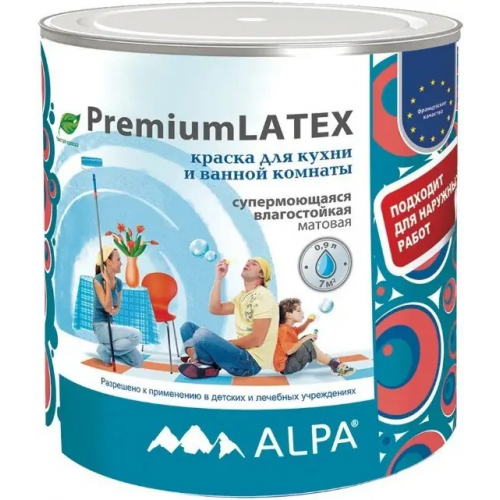 Краска для кухонь и ванных комнат супермоющаяся влагостойкая Alpa Premium Latex 900 мл белая база A матовая