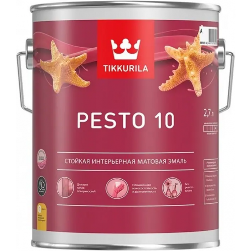 Стойкая интерьерная матовая эмаль Тиккурила Pesto 10 2.7 л белая база A матовая блеск 10