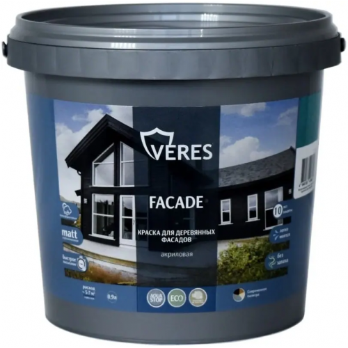 Краска для деревянных фасадов акриловая Veres Facade 900 мл белая база A глубокоматовая