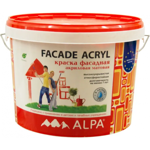 Краска фасадная атмосферостойкая долговечная Alpa Facade Acryl Дышащая 9 л бесцветная
