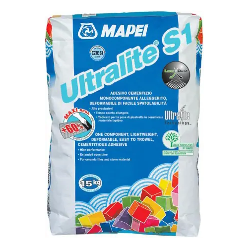 Цементный клей для керамической плитки Mapei Ultralite S1 15 кг серый