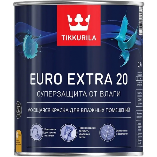 Моющаяся краска для влажных помещений Тиккурила Euro Extra 20 Суперзащита от Влаги 900 мл бесцветная