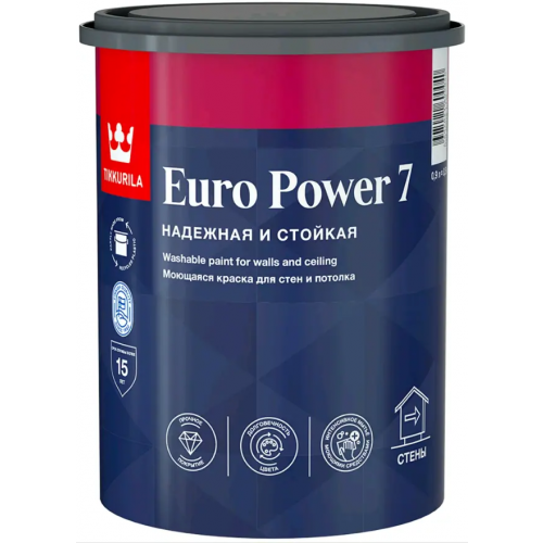 Моющаяся краска для стен и потолка Тиккурила Euro Power 7 Надежная и Стойкая 900 мл белая