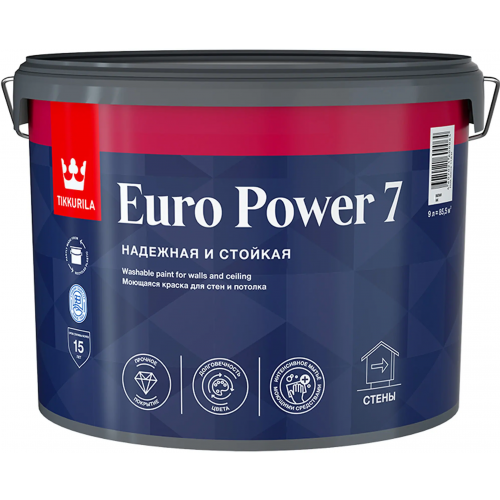 Моющаяся краска для стен и потолка Тиккурила Euro Power 7 Надежная и Стойкая 9 л белая