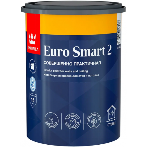 Интерьерная краска для стен и потолка Тиккурила Euro Smart 2 Легкий Ремонт 900 мл белая