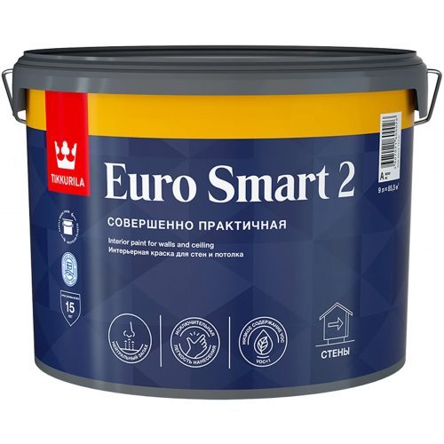 Интерьерная краска для стен и потолка Тиккурила Euro Smart 2 Легкий Ремонт 9 л белая