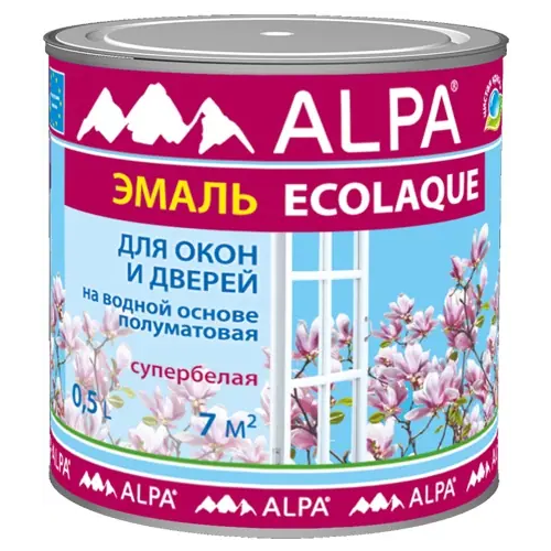 Эмаль на водной основе для окон и дверей супербелая Alpa Ecolaque 500 мл супербелая