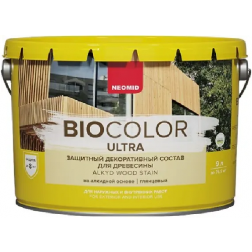 Защитный декоративный состав для древесины Неомид Bio Color Ultra 9 л орегон глянцевый готовый состав