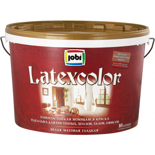 Износостойкая моющаяся краска гладкая интерьерная Jobi Latexcolor 10 л белая база A морозостойкая